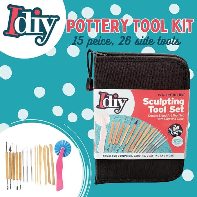 Pottery Tool Starter Kit - 15-Piece 26-Tool Beginner's Clay Ceramics Modeling Carving Sculpting Set -Arts and Crafts School Project, w Carrying Case, Birthday Gift for Kids