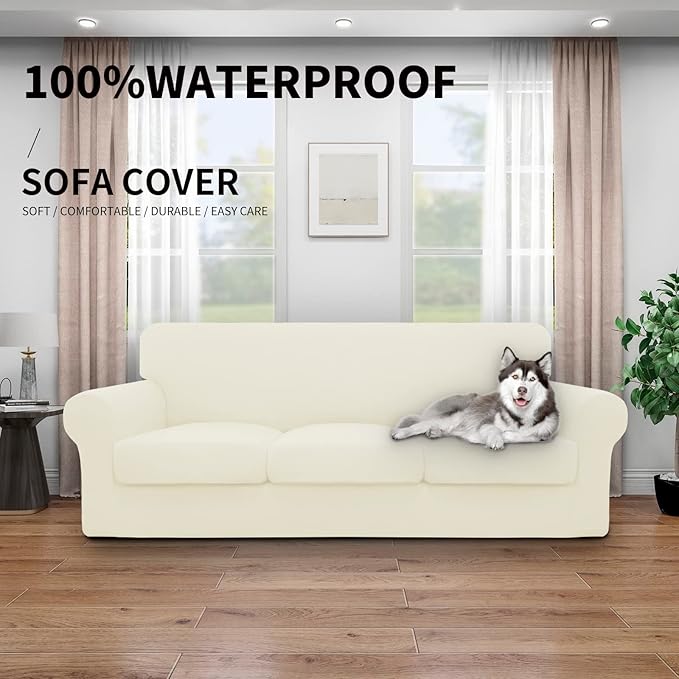 Easy-Going 100% Dual Waterproof Stretch Soft Couch Cover for Dogs, Sofa Slipcover for 3 Separate Cushion Couch Leakproof Furniture Protector for Kids, Pets Ivory