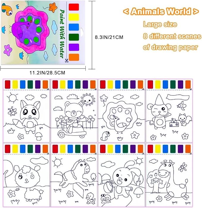 BAOXUE Water Coloring Books for Kids Ages 4-8,Paint with Water Colors Book for Toddlers,Watercolor Painting Paper Gift for Boys Girls 2-4 Years,Arts Kits and Crafts Sets for Drawing (Animals)