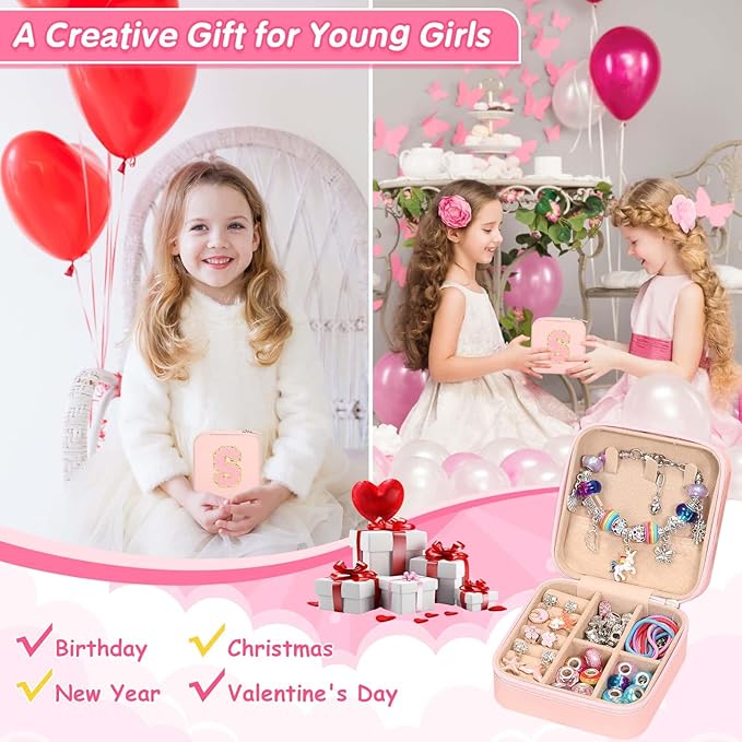 LifeisLuck Girls Charm Bracelet Making Kit with Jewelry Case for Kids Charm Pendant Bracelet Kit Jewelry Making DIY Art & Craft Kit for Kids Age 8-12 Birthday Gifts Valentine Christmas