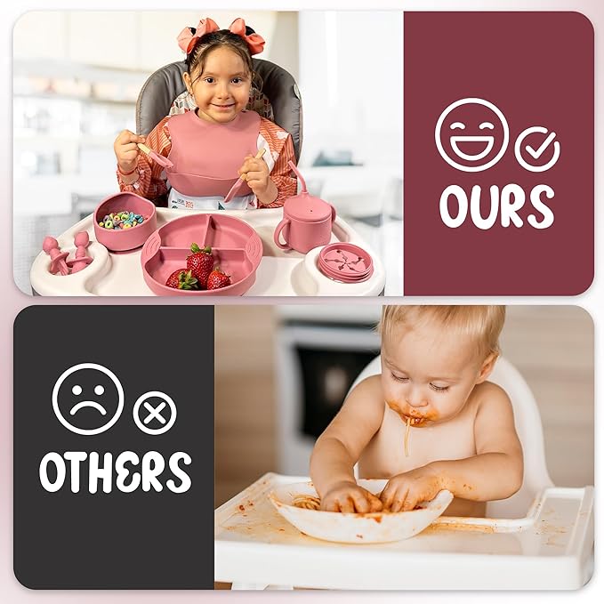 Silicone Baby Feeding Set, Eating Utensils with Suction Plate and Bowl, Baby Led Weaning Supplies, Toddler Self Feeding Dish Set with Waterproof Full Sleeve Bib, Spoon, 10pcs (Pink)