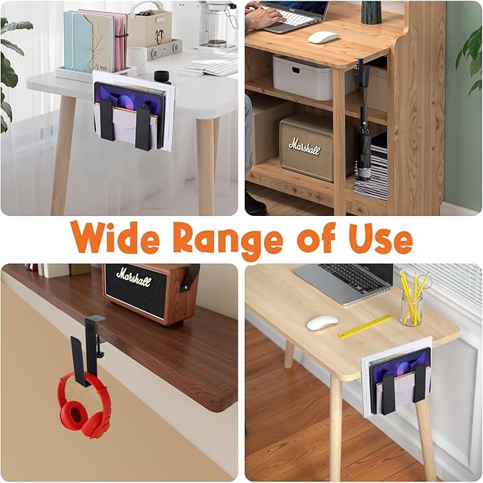 2 Pack Adjustable Desk Side Laptop Holder, Heavy-Duty Metal Desk Side Storage, Hanging Organizer with Tool-Free Clamp (6.97"x1.77", Black)