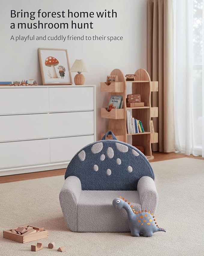 Blissful Diary Toddler Chair Comfy, Foam Kids Chair with Soft Teddy Plush, Toddler Reading Chair with Cute Mushroom Designs- Blue