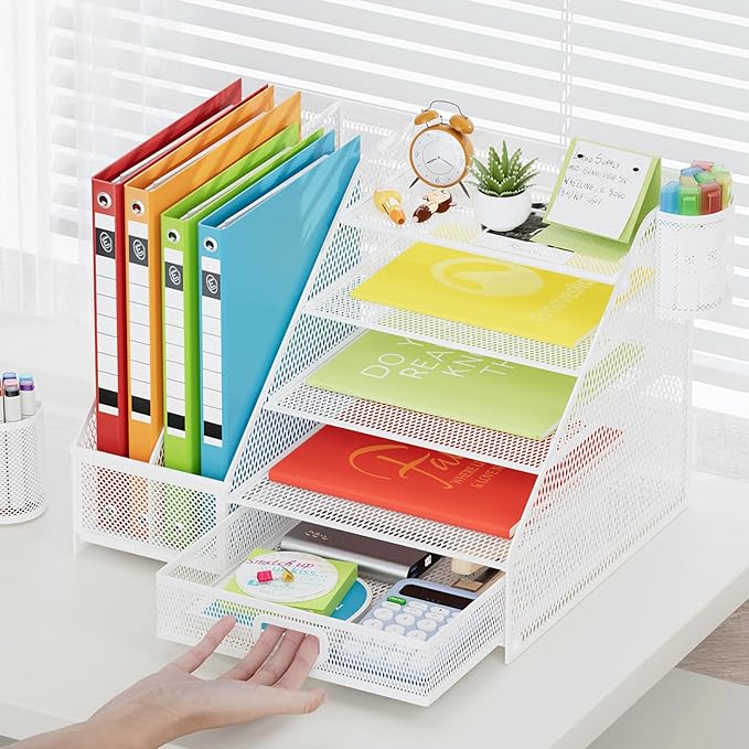 Marbrasse Desk Organizer with File Holder, 5-Tier Paper Letter Tray Organizer with Drawer and 2 Pen Holder,Mesh Desk Organizers and Accessories,Desktop Organizer and Storage for Office Supplies(White)