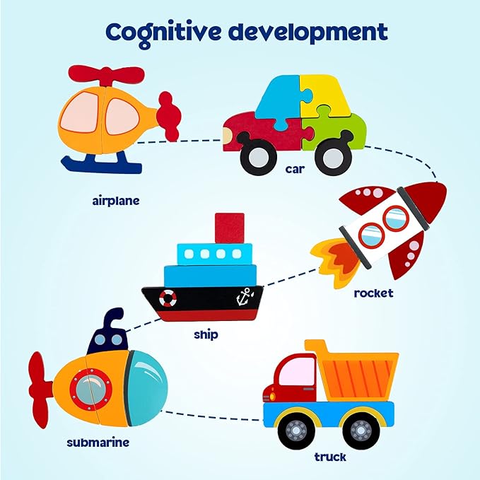 SYNARRY Wooden Vehicle Puzzles for 3 4 5 Years Old Boys Girls, Puzzles for Toddlers 2-4, Montessori Educational Toys Gifts with 6 Vehicles Transportation Puzzles, Vibrant Color Shapes