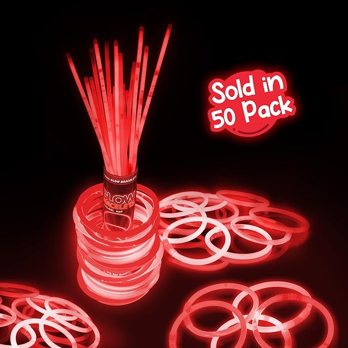 8" Glow Stick Bracelets - Bulk 50 Pack for Mardi Gras, St. Patrick's Day, and Nighttime Celebrations - Red