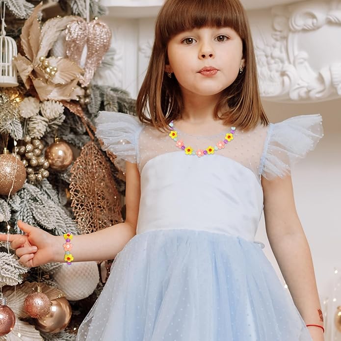 Girls Jewelry Set - Cute Flower Beads Necklace Bracelet-Toddler Girls Flower Jewelry - Stretchy Chunky Costume Jewelry Present Toy-Yellow
