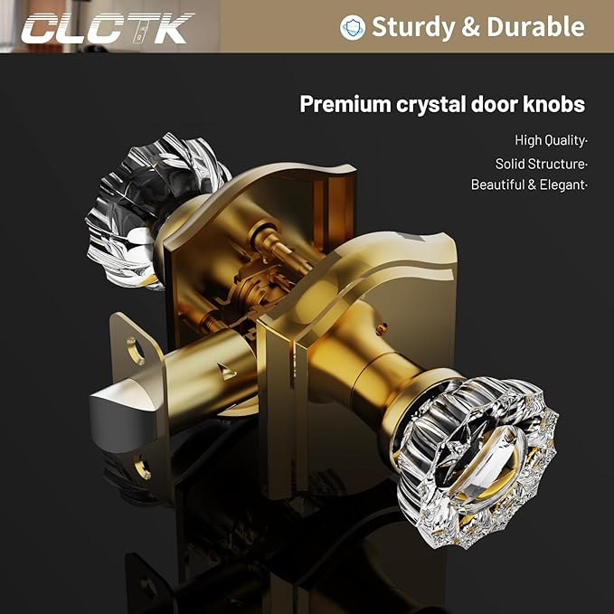 CLCTK Glass Door Knobs Interior with Lock, Crystal Privacy Gold Door Knob Polished Brass Door Knobs for Bedroom Bathroom, 1 Pack