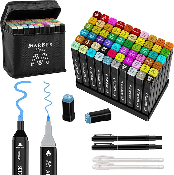 Alcohol Markers Set, 60 Colors Dual Tip Art Marker for Kids Sketching Adult Coloring, Permanent Drawing Marker with Case and Holders