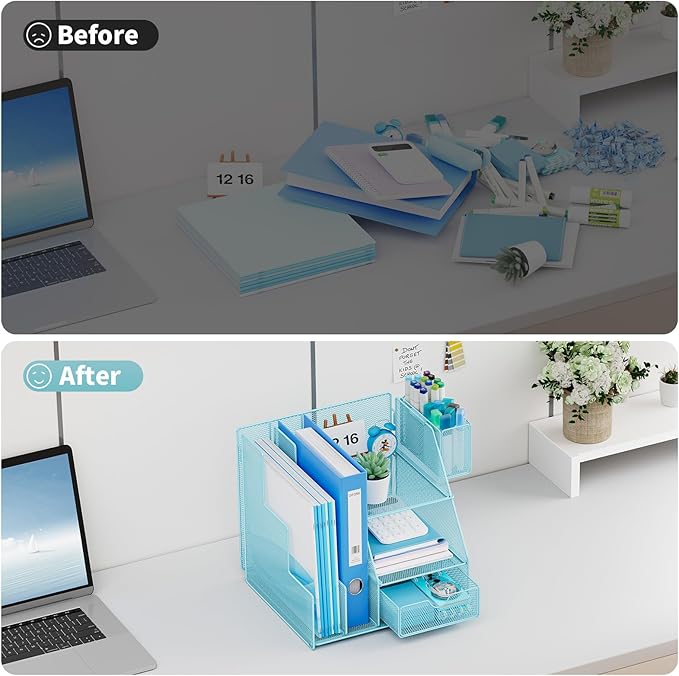 Marbrasse Desk Organizer and Accessories, 3-Tier File Organizer with Drawer and Pen Holder, Small Desktop Organizer and Storage for Workspace Office Supplies Blue