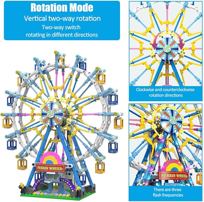 Rotating Ferris Wheel Building Blocks Kit with Lights Amusement Park Building Construction Toys Set for 6+ Year Boys Girls Birthday Gift, for Children 813pcs