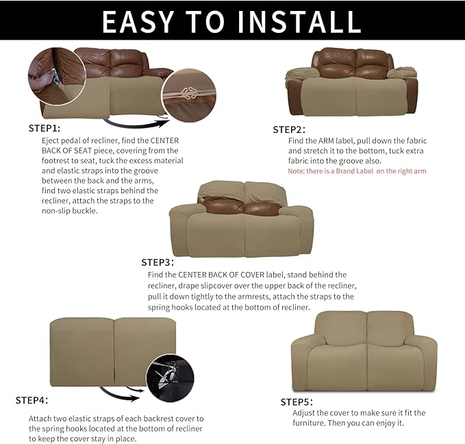 Easy-Going Oversized 6 Pieces Microfiber Stretch Sectional Recliner Loveseat Sofa Slipcover Soft Fitted Fleece 2 Seats Couch Cover Washable Furniture Protector with Elasticity for Kids Pet Tan