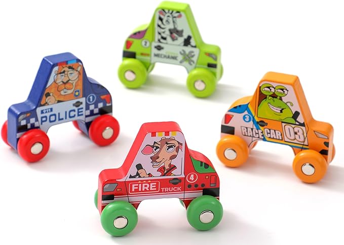 BEKILOLE 4 Wooden Race Cars Montessori Learning Toys for 6-12-18 Months Birthday Gift Travel Toy for 1 2 Year Old Boy Girl Infant Toddlers 8 9 10 Months Old with Tracing Flash Cards