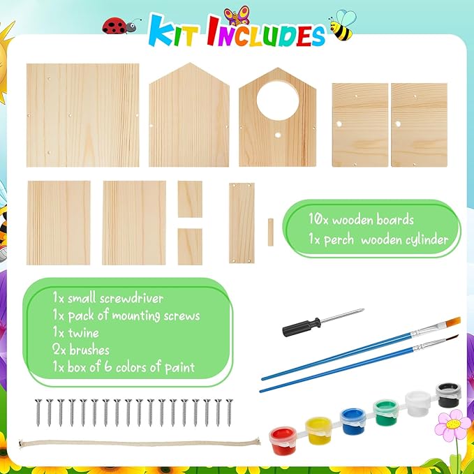 Liliful 4 Pack Wooden Birdhouse Kit DIY Bird House with Paint and Paintbrushes Art and Crafts Painting Kits for Boys Girls Adults Build Paint Classroom Birthday Indoor Outdoor Craft