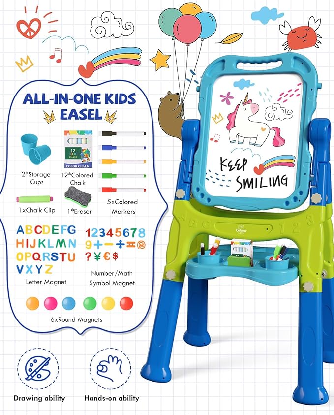 Lehoo Castle Easel for Kids, 4 in 1 Double Sided Kids Art Easel with Magnetic White Board & Chalk Board, Adjustable Standing Toddler Easel with Drawing & Writing Accessories - Gift for Boys and Girls