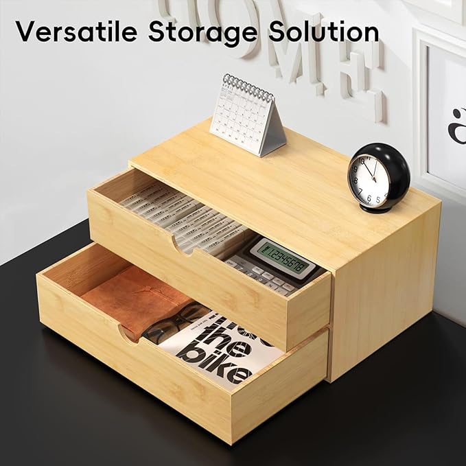Neando Bamboo Desk Organizer with 2 Drawers, Wooden Countertop Drawers Organizer, Tabletop Storage Organization Box for Office & Home, No Assembly Needed
