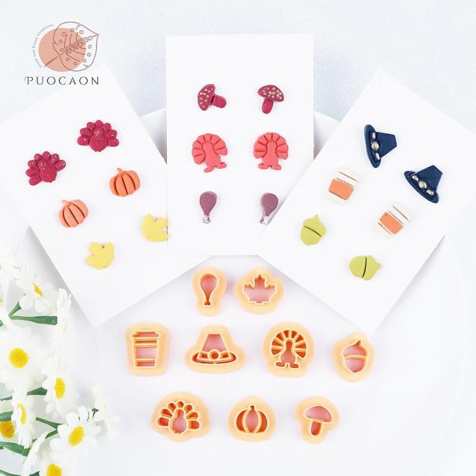Puocaon Thanksgiving Polymer Clay Cutters - Fall Polymer Clay Cutters Earrings Studs Making, 9 Pcs Mini Clay Cutters Pumpkin Chicken Acorn Clay Cutters, Coffee Cup Clay Cutters Mushroom Maple Shape