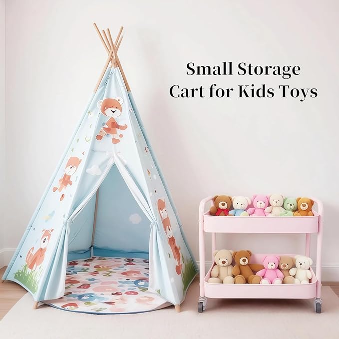 LIWNYRK 2 Tier Pink Rolling Cart with Wheels for Under Desk Storage, Large Capacity Rolling Pantry & Kitchen Storage Cart for Small Space, Sturdy Metal Bathroom Shelf Laundry Room Organization