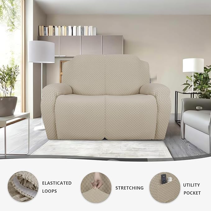 Stretch Jacquard Recliner Sofa Covers 3 Seat Soft Recliner Chair Covers Sofa Slipcover with Pocket and Elastic Bottom Furniture Protector for Kid,Pets(Checks,Khaki)