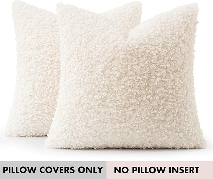 Woaboy Faux Fur Throw Pillow Covers 20x20 Inch Set of 2 Boucle Neutral Decorative Sherpa Fuzzy Accent Soft Sheepskin Fleece Cushions Modern Christmas Home Decor for Couch Sofa Bedroom Livingroom,White
