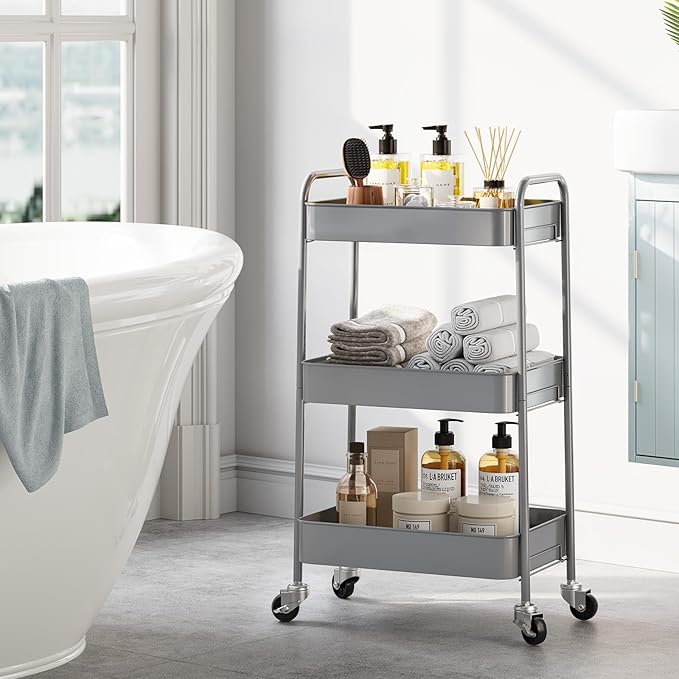 TOOLF 3-Tier Metal Rolling Cart with Wheels, Storage Utility Organizer Cart for Kitchen, Bathroom, Office, Baby Essentials & Makeup - Lockable Casters, Easy Assembly, Large Capacity, Gray