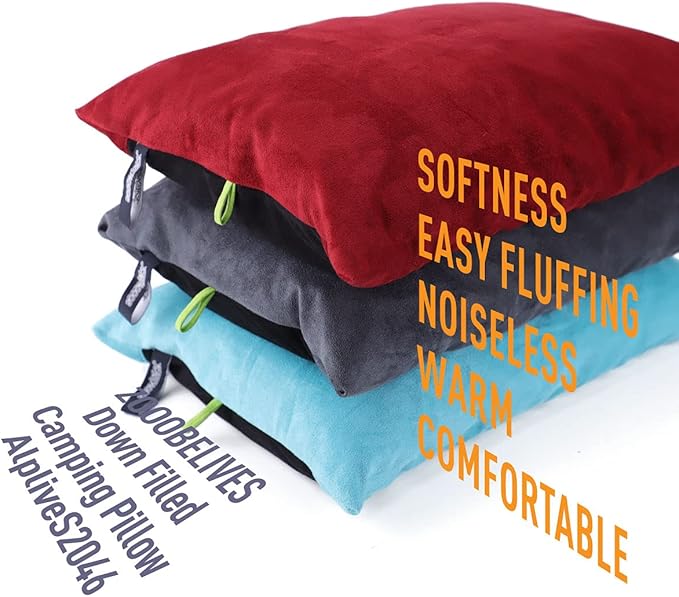 ZOOOBELIVES Down Filled Camping Pillow for Travel, Washable Soft Cover, Small Camp Cushion for Neck & Lumbar Support On-The-Go, Ultralight & Compressible for Hiking Backpacking - AlpliveS2046