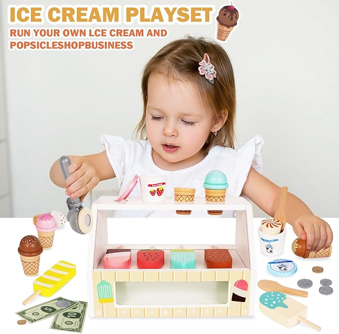 Ice Cream Counter Playset for Kids, Montessori Pretend Play Food Toys Kitchen Accessories Wooden Popsicle Set with Scoop & Fake Cash,Ice Cream Shop Toys Toddler Learning Toy for Kids