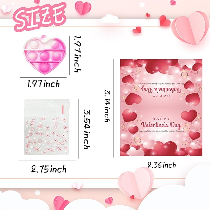 48 Packs Valentines Day Cards for Kids, Heart Pop Valentines Fidget Toys Bulk Stress Relief Fidget Toys for Kids Valentine's Party Favors School Classroom Exchange Gifts,Valentine's Day Gift