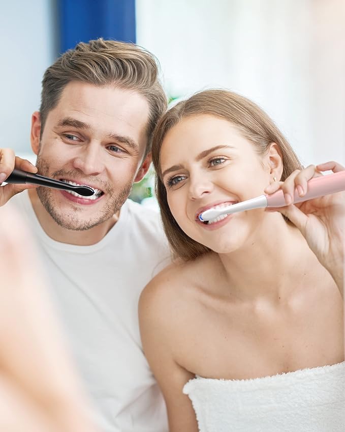 Bitvae Electric Toothbrushes 2 Pack Ultrasonic Toothbrush with Holders, Dual Ultrasonic Electronic Toothbrush 8 Brush Heads 5 Modes, Rechargeable Power Toothbrush for 30 Days Using, Black & Pink