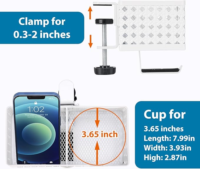 Desk Cup Holder, Clip on Cup Hook, Pen Holder Clamp Desk Organizer Pencil Holder Phone Holder Desk Storage for Office School Home (White)