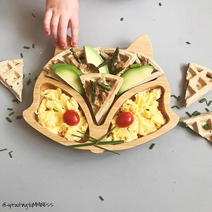 Bamboo Baby Plate with Suction - Kids and Toddler Suction Cup Plate for Babies, Non-toxic All-Natural Bamboo Baby Food Plate Stays Cool to the Touch for Baby-Led Weaning (Fox-Green)