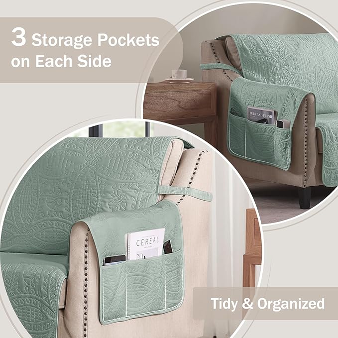 Soft Sage Quilted Couch Cover with Pockets for Extra-Large Sofa, Anti-Slip Sofa Covers Washable for 3 Cushion, Pet Friendly Oversized Sofa Cover Water-Repellent (X-Large Sofa 78", Sage Green)