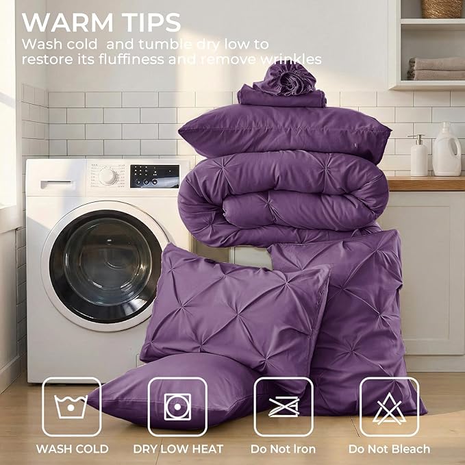 Sasttie California King Comforter Set, 7-Piece Bed in a Bag Cal King, Pintuck Bedding Set for All Season, Includes Comforter, Flat Sheet, Fitted Sheet, Pillowcases and Pillowshams, Grape Purple