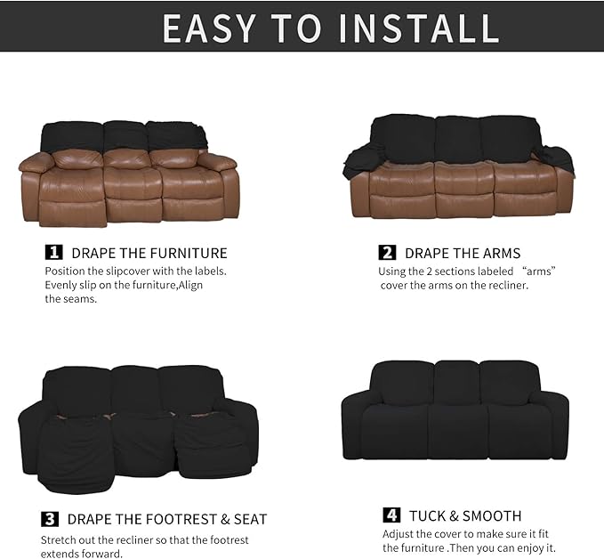 Easy-Going 8 Pieces Microfiber Stretch Sectional Recliner Sofa Slipcover Soft Fitted Fleece 3 Seats Couch Cover Washable Furniture Protector with Elasticity for Kids Pet(Recliner Sofa, Black)