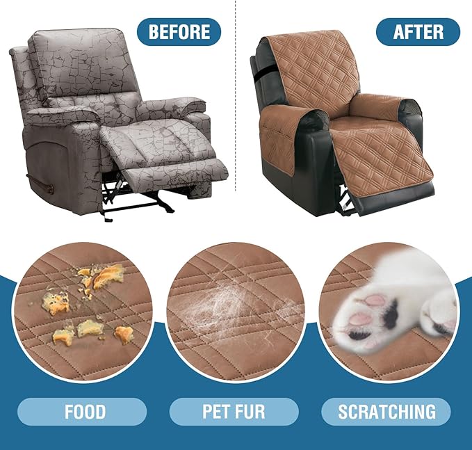 H.VERSAILTEX 100% Waterproof Nonslip Recliner Cover Stay in Place Recliner Couch Slipcover for Large Power Lift Recliner with Side Pocket Washable Reclining Furniture Protector,Terracotta/Beige