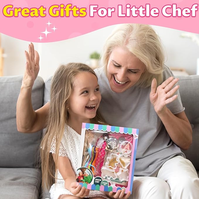 Kids Cooking Baking Set , Kids Kitchen Pretend Play Toys, Kids Chef Role Play Costume Set - Chef Hat and Matching Pink Apron, Birthday Xmas Gifts for 3-8 Year Old Girls Toys