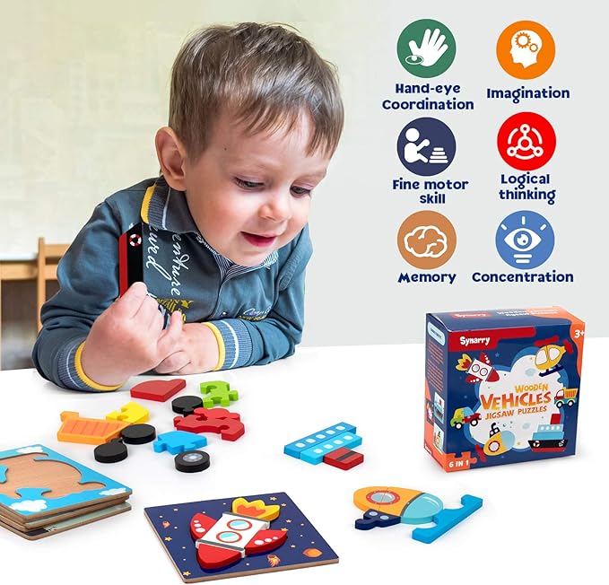 SYNARRY Wooden Vehicle Puzzles for 3 4 5 Years Old Boys Girls, Puzzles for Toddlers 2-4, Montessori Educational Toys Gifts with 6 Vehicles Transportation Puzzles, Vibrant Color Shapes