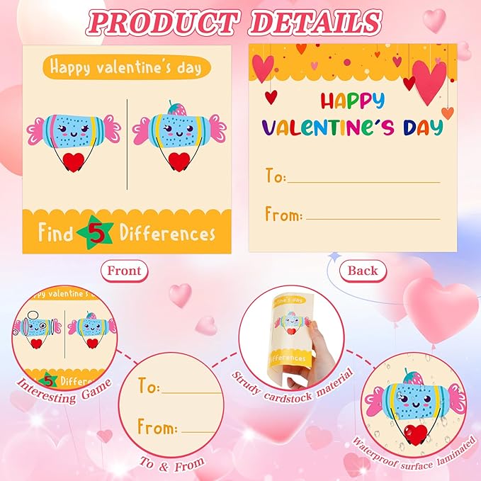 FaCraft Find 5 Difference Valentines Day Cards for Kids Classroom School Valentines Gifts Cards for Kids Boys Girls School Classroom Valentines Party Favors Valentines Exchange Cards with Envelopes