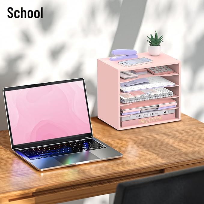 5-Tier Wood Desk Organizer, Paper Tray Organizer for Desk with Adjustable Storage Shelves, Desktop File Organization Paper Sorter Mail Holder for Office Home Classroom, Pink