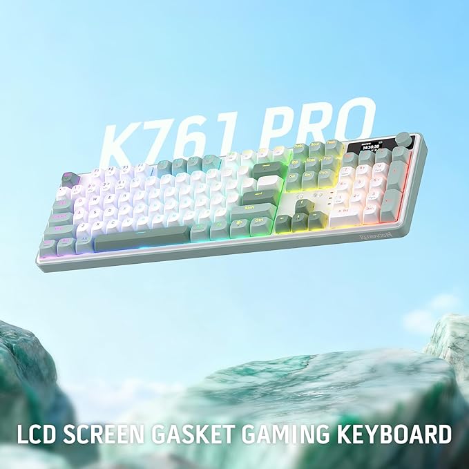 Redragon K761 Wireless Gasket Gaming Keyboard w/Hype Screen & Knob, 104 Keys Mechanical Keyboard, Easy-Control 1.26’’ TFT Info Display, 5-Layer Noise Dampening, Custom Linear Switch, Jade Cloud Color