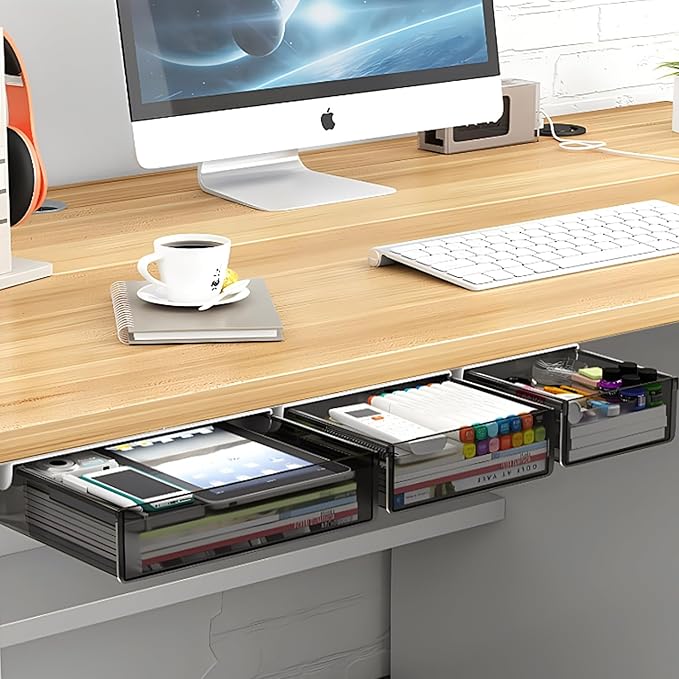 Under Desk Table Drawer Storage Organizer,3 Pack Large & Medium & Small Slide Out Desk Drawers - Hidden Desktop Organizer,Attachable Pencil Storage Tray Under Table(SML)