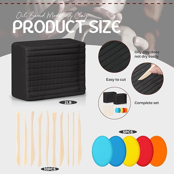 2 Pack Non Drying Oil Based Modeling Clay 4 Pounds with 15 Pcs Pottery Sculpting Tool Set Non Hardening Reusable Sculpting Clay for Craft Projects for Beginners Artist(Black)