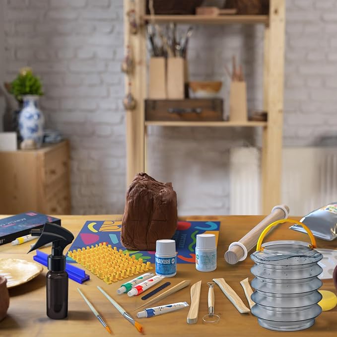 Air Dry Clay for Adults Kids - Pottery Kit for Beginners, Sculpting Tools Set, How-to-Guides, Paints, Brushes, Sponge, Varnish, Letter Stamps, Frosted Strip, Perfect for Party Holiday Craft Gift