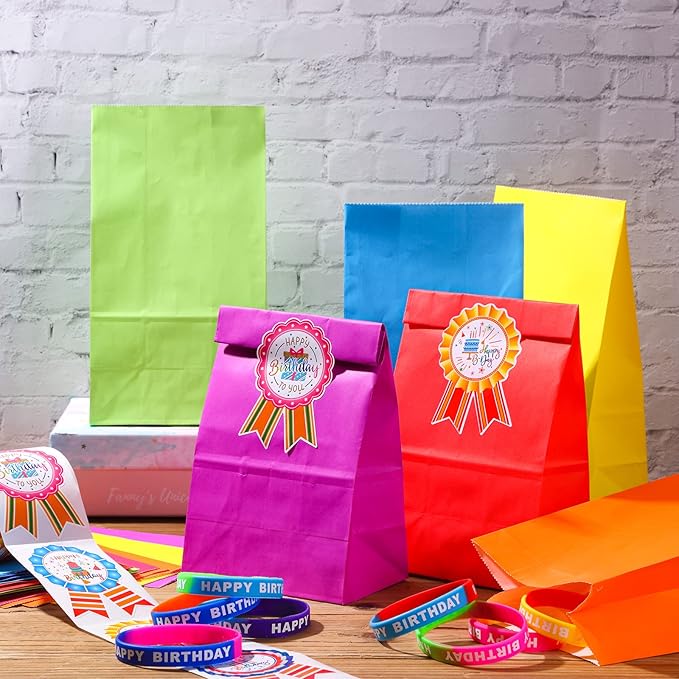 Leinuosen 248 Pcs School Supplies for Kids Classroom Include 200 Happy Birthday Badge Stickers Roll 24 Birthday Bracelets and 24 Rainbow Paper Gift Bag for Teacher Student School Decor (Bright Color)