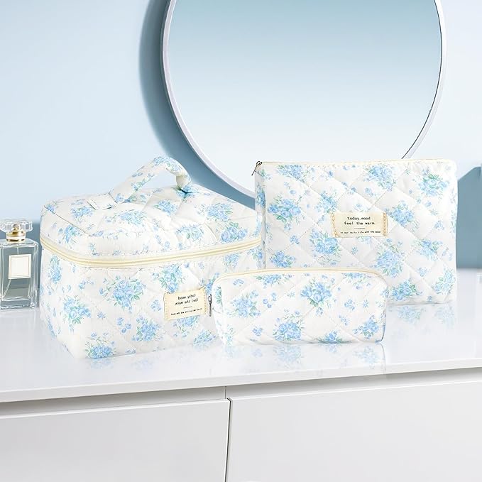 URSKYTOUS 3Pcs Cotton Quilted Makeup Bag for Women Girls Large Small Travel Floral Cosmetic Bags Set Cute Coquette Zipper Makeup Pouch for Purse Aesthetic Cloth Flower Storage Toiletry Bag Organizer