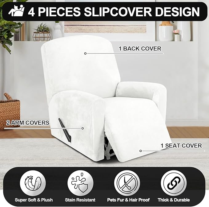 Festicorp Recliner Chair Covers Real Velvet 4-Pieces Recliner Covers for Small Lazy Boy Recliner Chair Stretch Recliner Sofa Slipcovers Furniture Protector with Side Pocket & Elastic Bottom, Off White