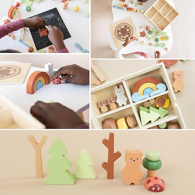 38 pcs Wooden Forest Sensory Bin - Montessori Toys for 4 Year Old - Wooden Blocks for Toddlers 3-5 - Sensory Toys for Kids 5-7 - Preschool Learning Activities- Tinker Toys