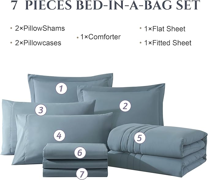 Monbix King Size Comforter Set - 7 Pieces Bed in a Bag King, Dusty Blue Bedding Sets with Comforter, All Seasons Comforter Bed Set with Sheets, Pillowcases & Shams