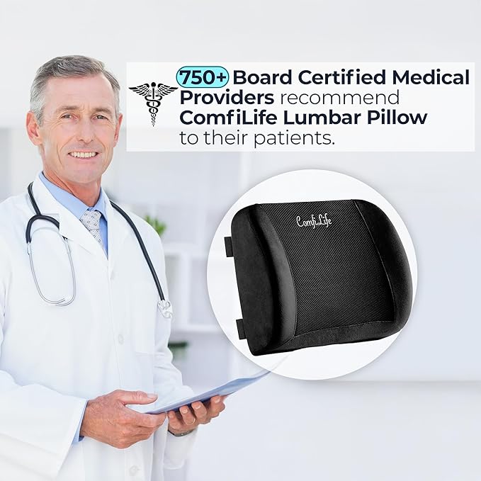 ComfiLife Lumbar Support Back Pillow Office Chair and Car Seat Cushion - Memory Foam with Adjustable Strap and Breathable 3D Mesh (Black)