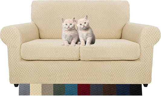 MAXIJIN 3 Piece Jacquard Couch Covers for 2 Cushion Couch Stretch Non Slip Love Seat Couch Cover for Dogs Pet Friendly Elastic Furniture Protector Loveseat Slipcovers (Loveseat, Light Beige)
